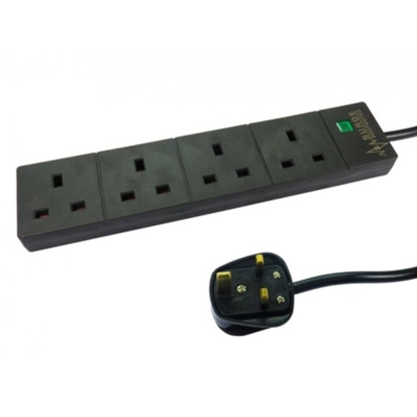 2M 4 Gang Surge Protected Led Indicator  Mains Extension - Black RB-02M04SPDBLK