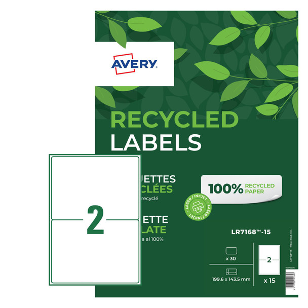 Avery Laser Recycled Address Label 199.6X143.5Mm 2 Per A4 Sheet White Pack 30 La LR7168-15