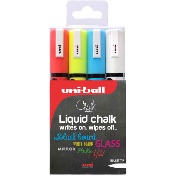 Uni-Ball Chalk Marker Bullet Tip Medium Assorted Colours Pack 4 153528181 Uni-Ball Chalk Marker Bullet Tip Medium Assorted Colours Pack 4 153528181