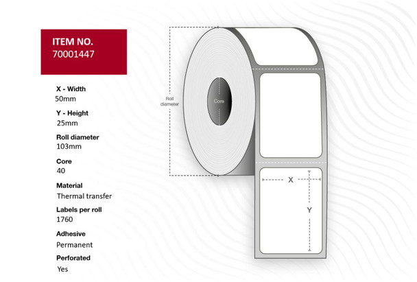 Capture 70001447 Label 50x25 - Core 40. White. 70001447