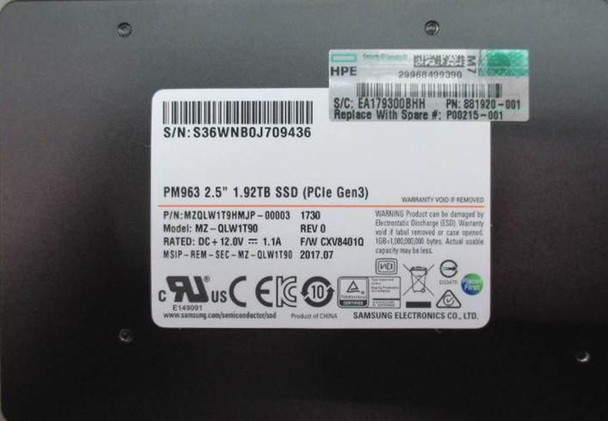Hewlett Packard Enterprise P00215-001 SSD 1.92TB SFF NVME RI P00215-001