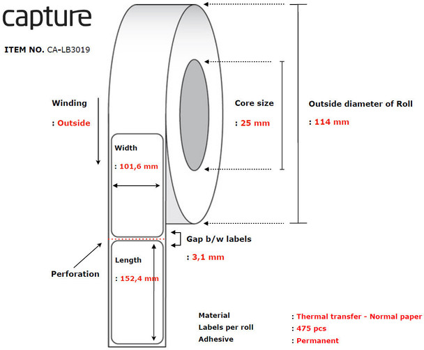 Capture CA-LB3019 Label 101.6 x 152.4. Core 25. CA-LB3019
