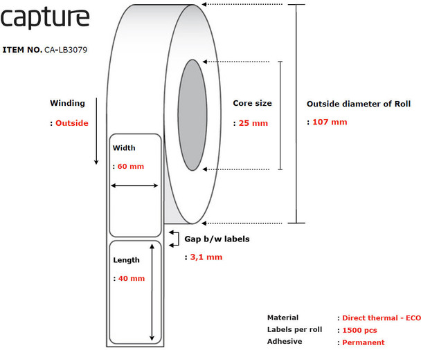 Capture CA-LB3079 Label 60 x 40. Core 25. CA-LB3079