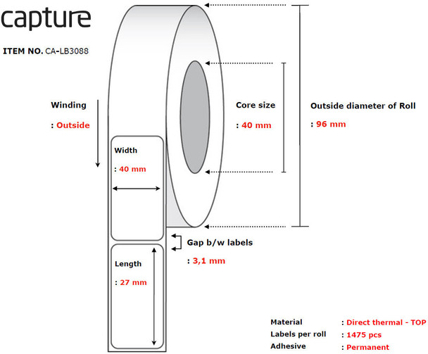 Capture CA-LB3088 Label 40 x 27. Core 40. CA-LB3088