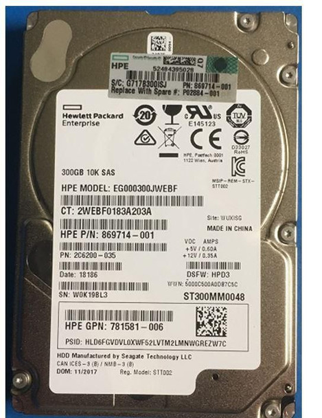 Hewlett Packard Enterprise P02884-001 DRV HDD 300GB 10K SFF P02884-001