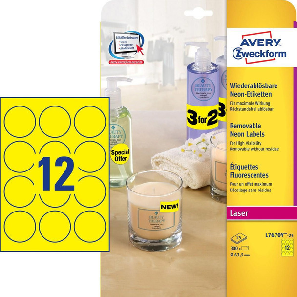 Avery L7670Y-25 Labels. Round. Neon Yellow. L7670Y-25