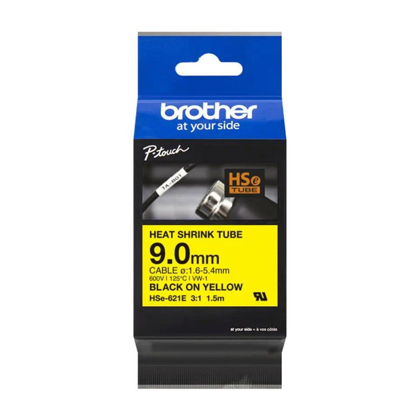 Brother HSE-621E 9mm Black on Yellow Heat Shrink Tube HSE621E