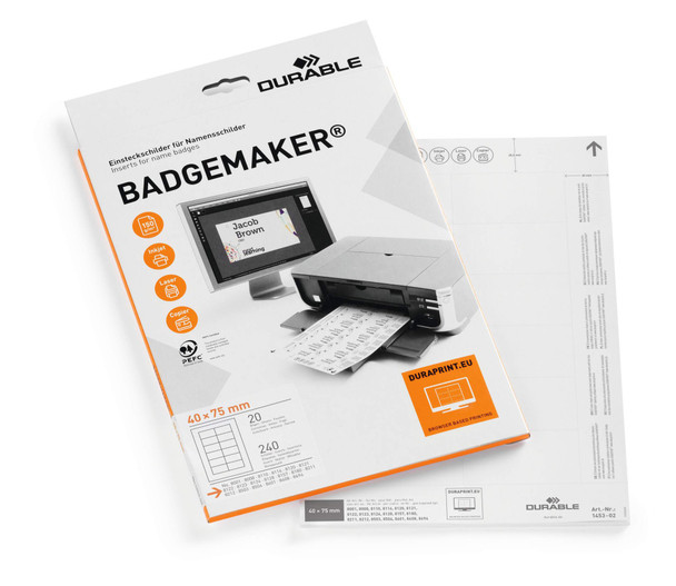 Durable Badgemaker Inserts 40X75mm 150Gsm White Pack 240 145302 145302