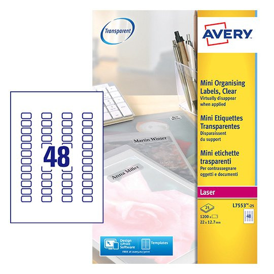 Avery Laser Mini Label 22X127mm 48 Per A4 Sheet Clear Pack 1200 Labels L7553-25 L7553-25