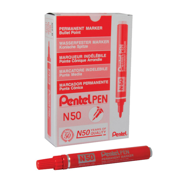 Pentel N50 Permanent Bullet Marker Broad Red Pack of 12 N50-B PEN50R