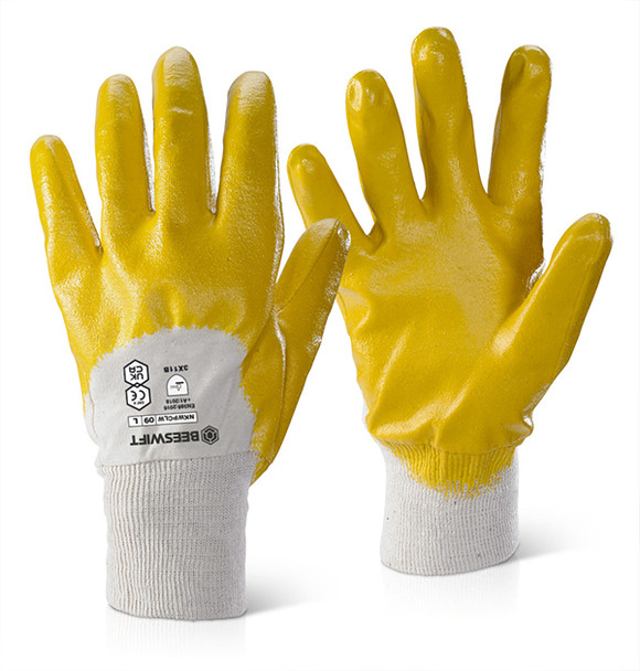 Beeswift Nitrile Knitted Wrist m Coated Light Weight Gloves Yellow Size 8 NKWPCLWN08