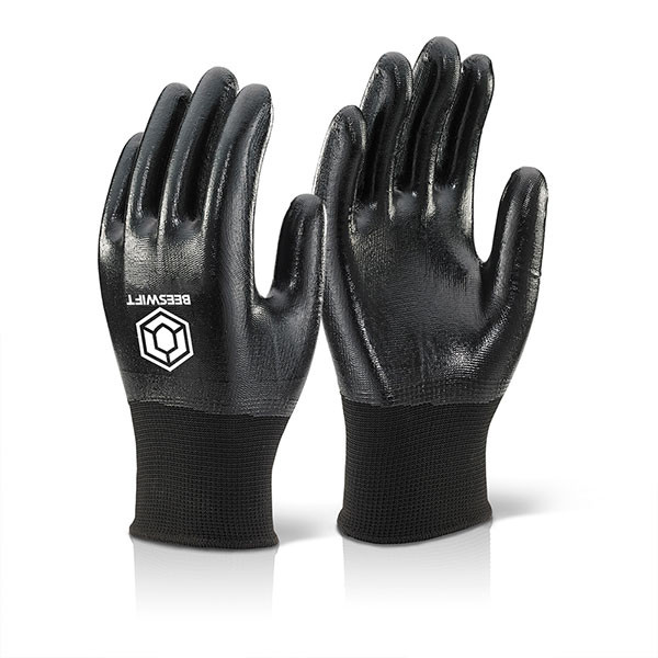 Beeswift Nitrile Fully Coated Polyester Gloves Black Size L NDGFCBLL