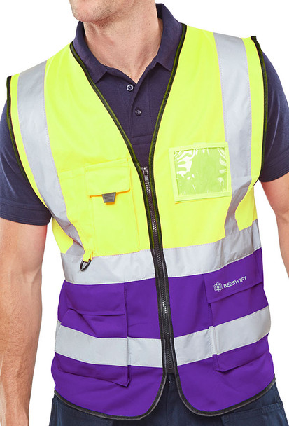 Beeswift Hi-Vis Two Tone Executive Id Vest Saturnyellow/Purple Size S HVWCTTSYPUS