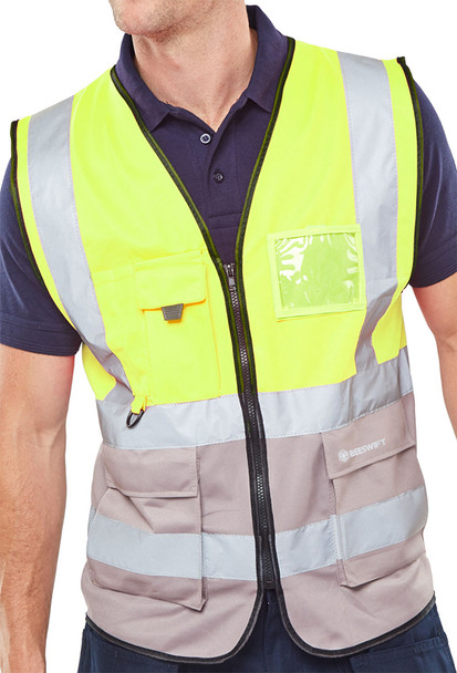 Beeswift Hi-Vis Two Tone Executive Id Vest Saturnyellow/Grey Size M HVWCTTSYGYM