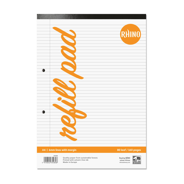 Rhino A4 Refill Pad 160 Page Feint Ruled 6Mm With Margin Pack 6 - HANM-4 HANM-4