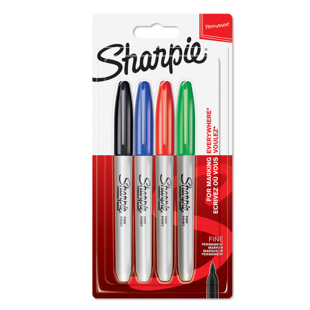Sharpie Permanent Marker Fine Tip 0.9Mm Line Assorted Standard Colours Pack 4 1985858