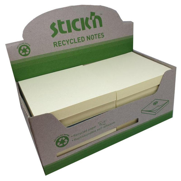 Stickn Repositionable Notes 76X76mm Recycled 100 Sheets Yellow Pack 12 21795 21795