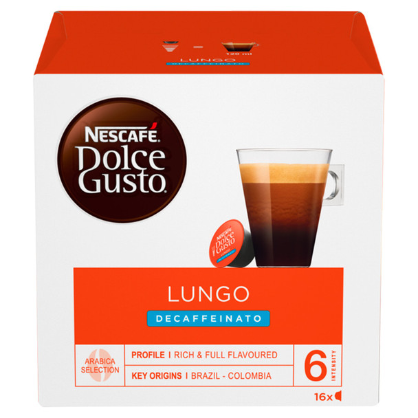 Nescafe Dolce Gusto Cafe Lungo Decaffeinated Coffee 16 Capsules Pack 3 12385194