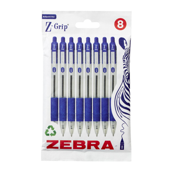 Zebra Z-Grip Retractacble Ballpoint Pen 1Mm Tip Blue Pack 8 - 02772 02772