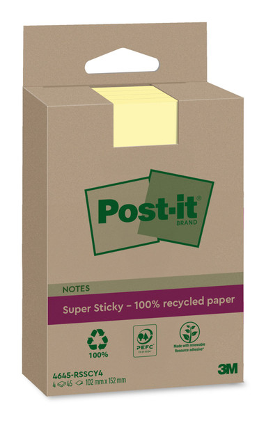 Post-It Super Sticky Notes 100% Recycled Canary Yellow Lined 102X152mm 45 Sheets 7100321347