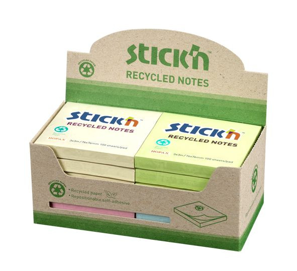Stickn Recycled Sticky Notes 76X76mm 100 Sheets Per Pad Assorted Colours Pack 12 21433WP