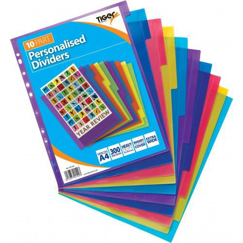 Tiger Personalised 5 Part Polypropylene Dividers A4 Assorted Colours Pack 10 - 3 301549