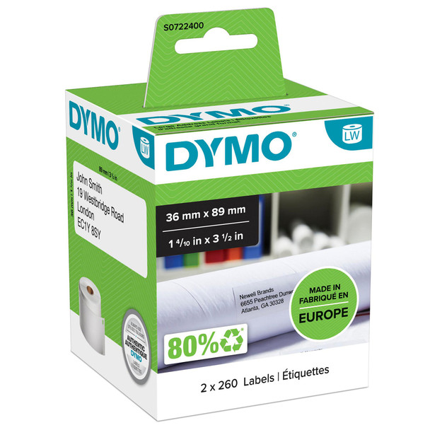Dymo Labelwriter Large Address Label 36X89mm 260 Labels Per Roll White Pack 2 99 S0722400