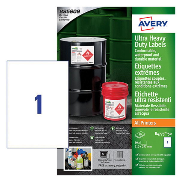 Avery Ultra Resistant Labels 210 X 297 Mm Permanent 1 Label Per Sheet 50 Labels B4775-50