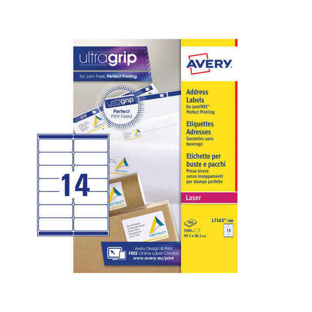 Avery Laser Address Label 99.1X38.1Mm 14 Per A4 Sheet White Pack 7000 Labels L71 L7163-500