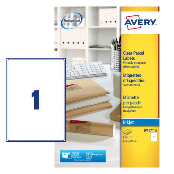 Avery Inkjet Address Label 210X297mm 1 Per A4 Sheet Clear Pack 25 Labels J8567-2 J8567-25