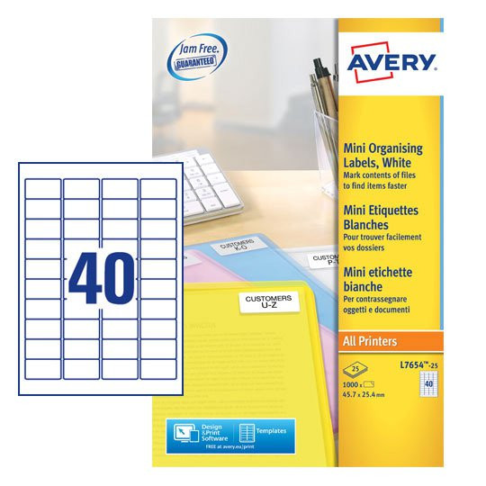 Avery Laser Mini Label 45.7X25.4Mm 40 Per A4 Sheet White Pack 1000 Labels L7654- L7654-25