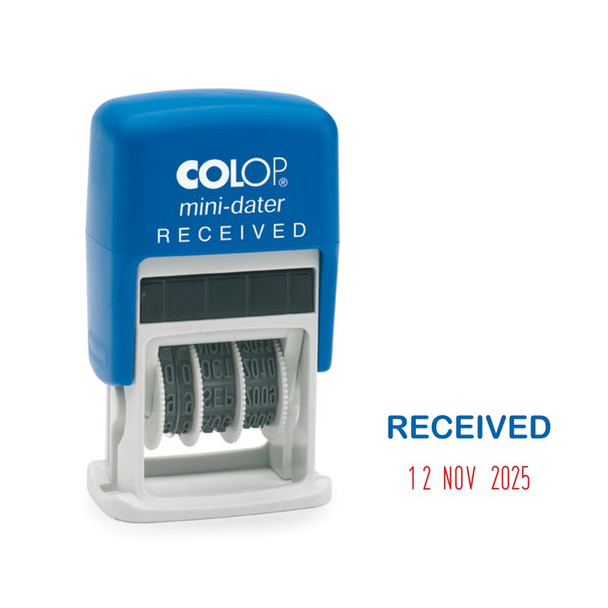 Colop S160/L1 Mini Word And Date Stamp Received 25X12mm Blue/Red Ink 105098