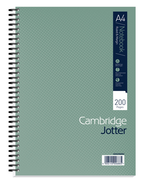 Cambridge Jotter A4 Wirebound Card Cover Notebook Ruled 200 Pages Metallic Green 400039062