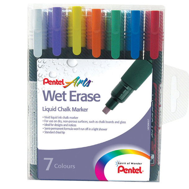 Pentel Wet Erase Chalk Marker Chisel Tip 2-4Mm Line Assorted Colours Pack 7 SMW26/7