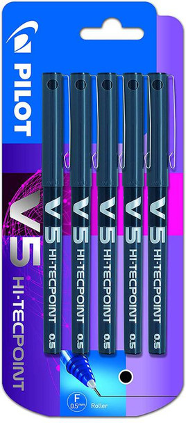 Pilot V5 Hi-Tecpoint Liquid Ink Rollerball Pen 0.5Mm Tip 0.3Mm Line Black Pack 5 3131910541103