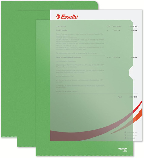 Esselte Premium Folder A4 Matt Finish Box of 100 Clear Green 54838 54838