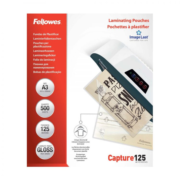 Fellowes A3 Laminating Pouches Gloss Finish 500 Sheets 125 Micron High Quality F 100144250