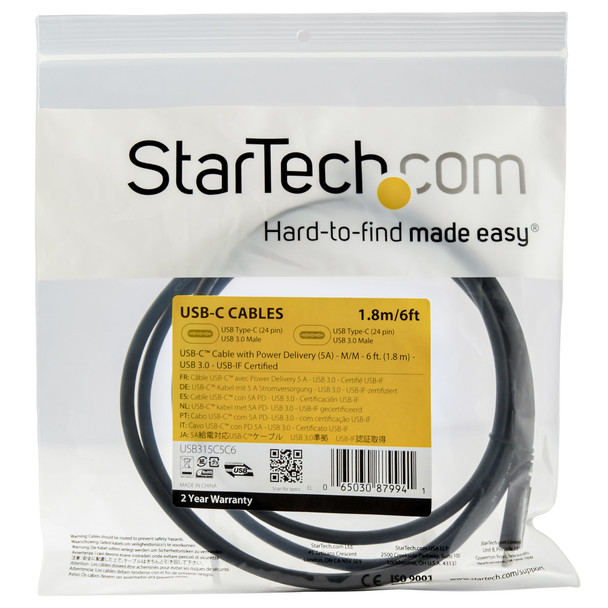 Startech 6 ft 1.8 m USB C to USB C Cable - 5A 100W PD 3.0 - Certified Works With USB315C5C6