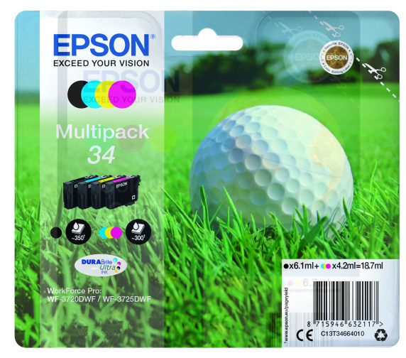 Epson 34 Golfball Black Cyan Magenta Yellow Standard Capacity Ink Cartridge Mult C13T34664010