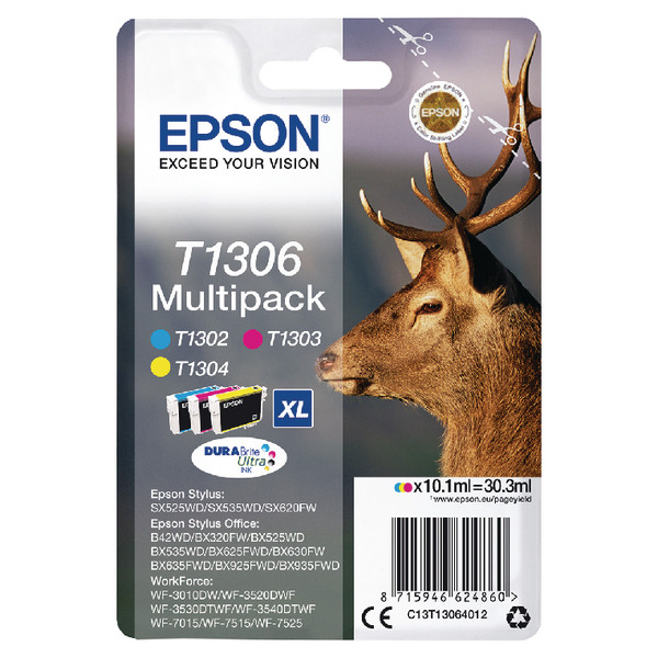 Epson T1306 Stag Cyan Magenta Yellow High Yield Ink Cartridge Multipack 3 X 10Ml C13T13064012
