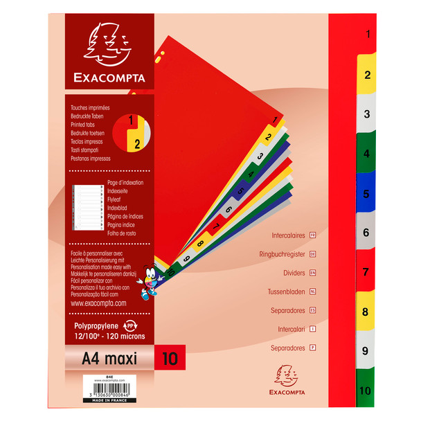 Exacompta Index 1-10 A4 Extra Wide 120 Micron Polypropylene Bright Assorted Colo 84E