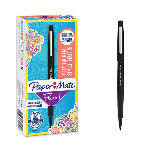 Paper Mate Flair Fibre Tip Pen Medium Point 0.7Mm Black Pack 12 S0190973 S0190973