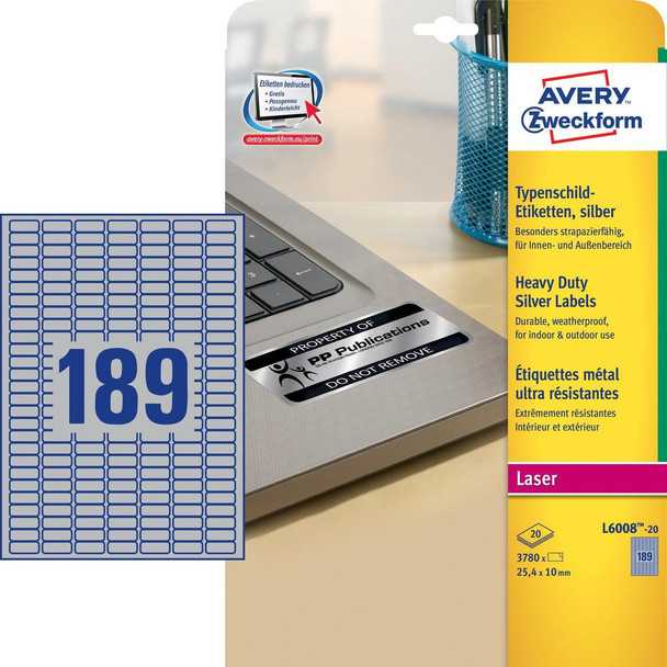 Avery L6008-20 Silver Heavy Duty Labels L6008-20