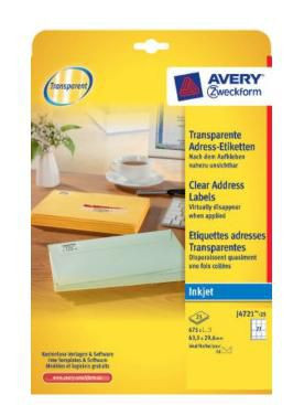 Avery J4721-25 Printer Label Transparent J4721-25