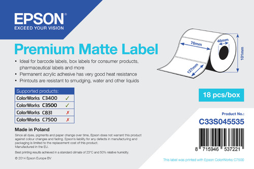 Epson Premium Matte Label Die-Cut Roll: 76Mm X 127Mm 265 Labels. Product Colour: C33S045535