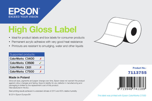 Epson Multipurpose Label 102 Mm Width X 152 Mm Length Roll High Gloss Die-Cut 21 7113755