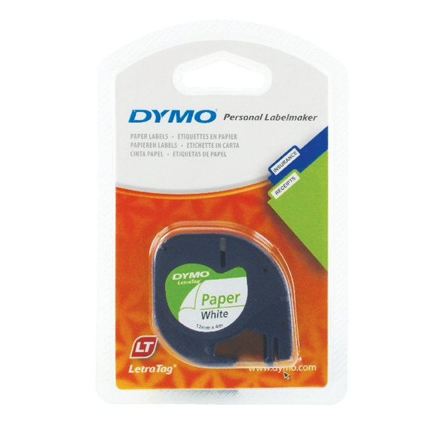 Dymo 91200 LetraTAG Paper Tape 12mm x 4m White S0721510 ES91200