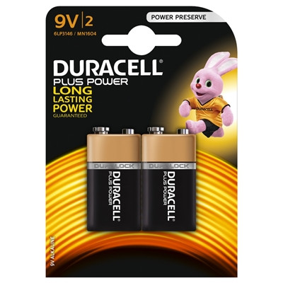 Duracell Plus Power Alkaline Pack Of 2 9V Battery MN1604B2PP
