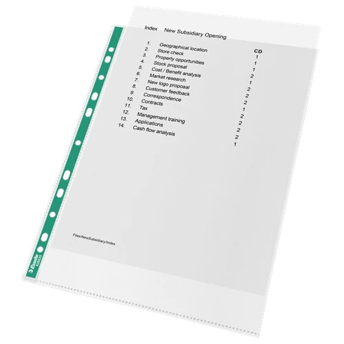 Esselte Green Spine A4 Punched Pockets Top Opening - Embossed. Pack 200 628532 628532