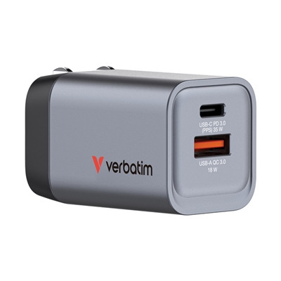 Verbatim 32200 Gnc-35 Gan Charger 35W With 1 X Usb-C® Pd 35W / 1 X Usb-A Qc 3.0 32200